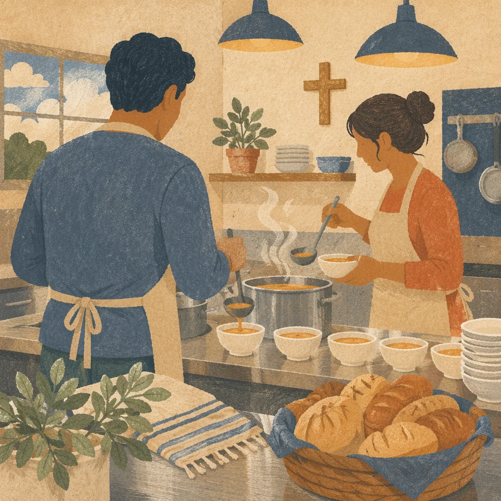 Couple Serving Soup in Church Kitchen