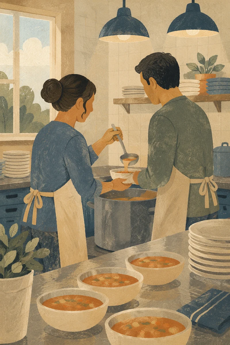 Couple Serving Meal in Church Kitchen