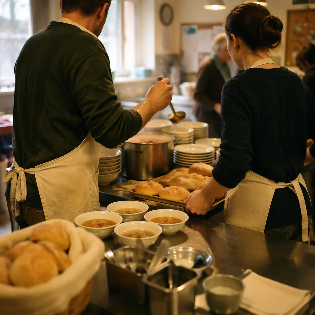 Couple Serving Meal in Church Kitchen