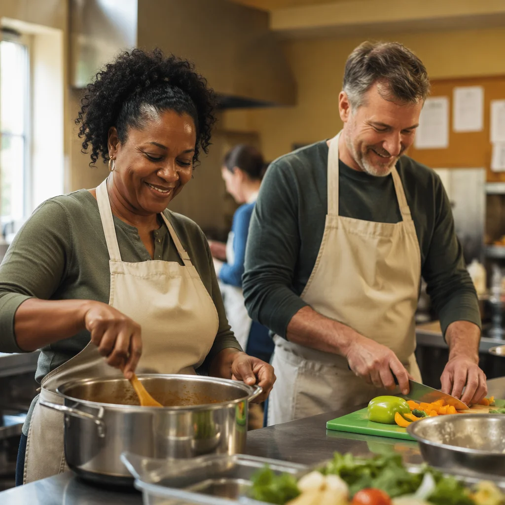 Middle-Aged Couple Cooking in Church Kitchen