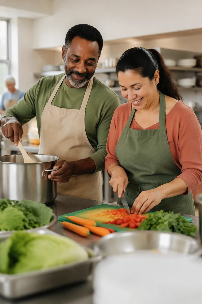 Couple Preparing Meal in Community Kitchen