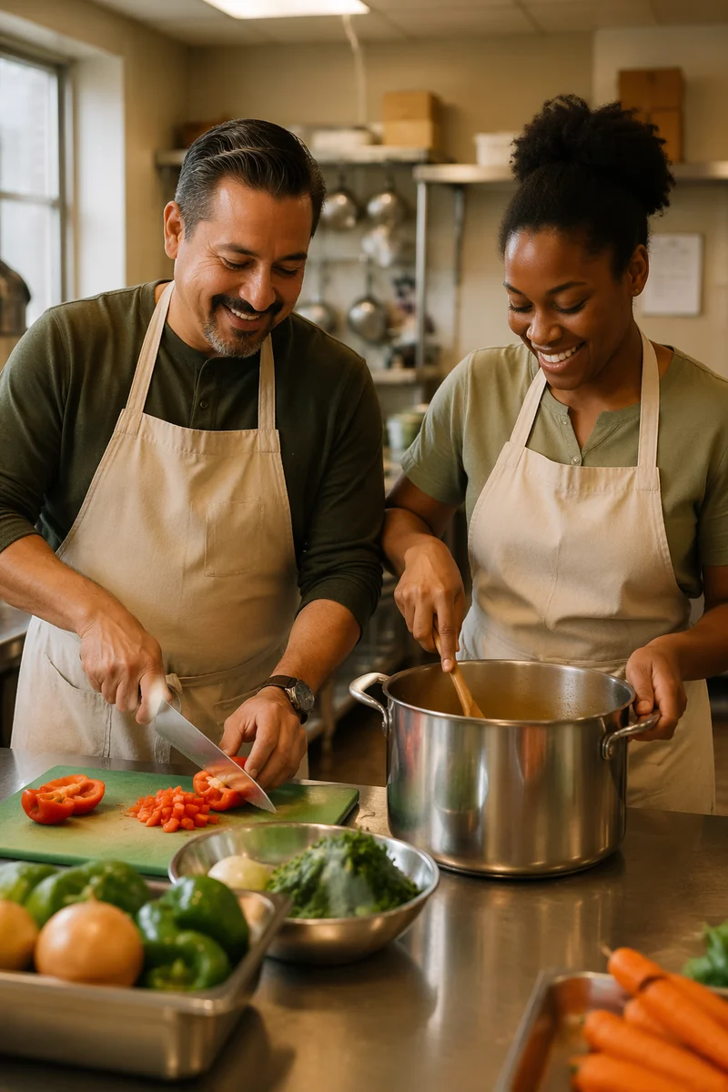 Two Volunteers Cooking in Community Kitchen