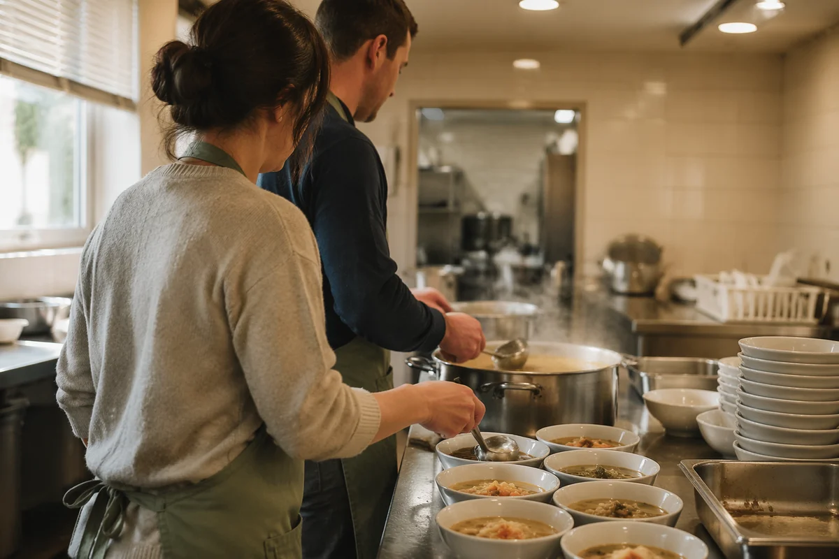 Couple Serving Meal in Church Kitchen