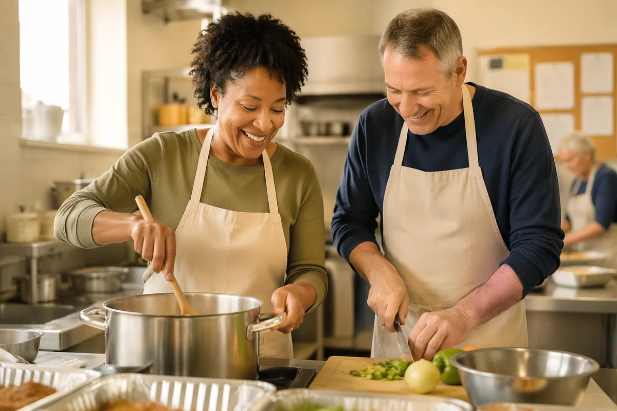 Interracial Couple Cooking in Church Kitchen