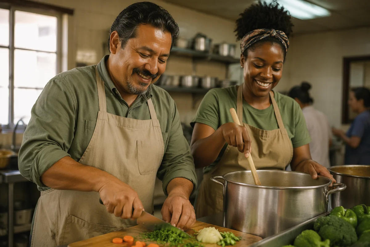 Volunteers Cooking Together in Community Kitchen