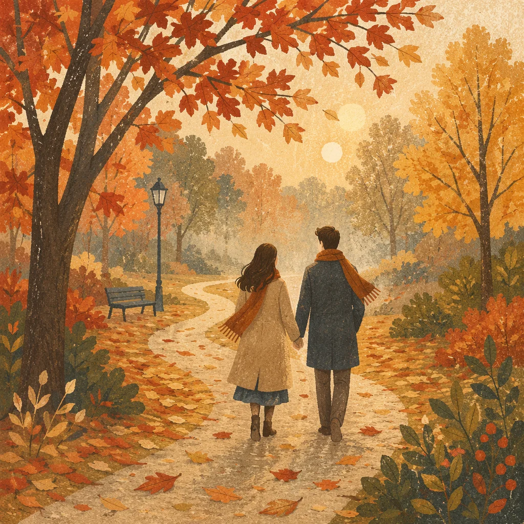 Couple Walking Through Misty Autumn Park