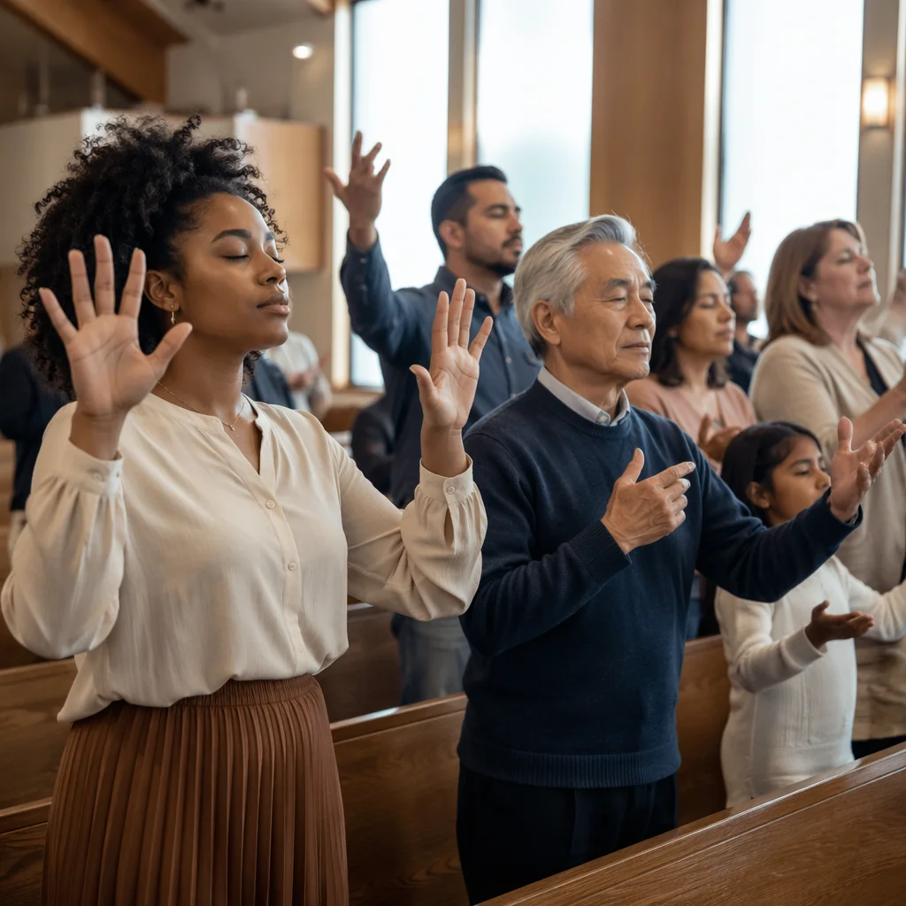 Diverse Congregation Signing During Morning Service