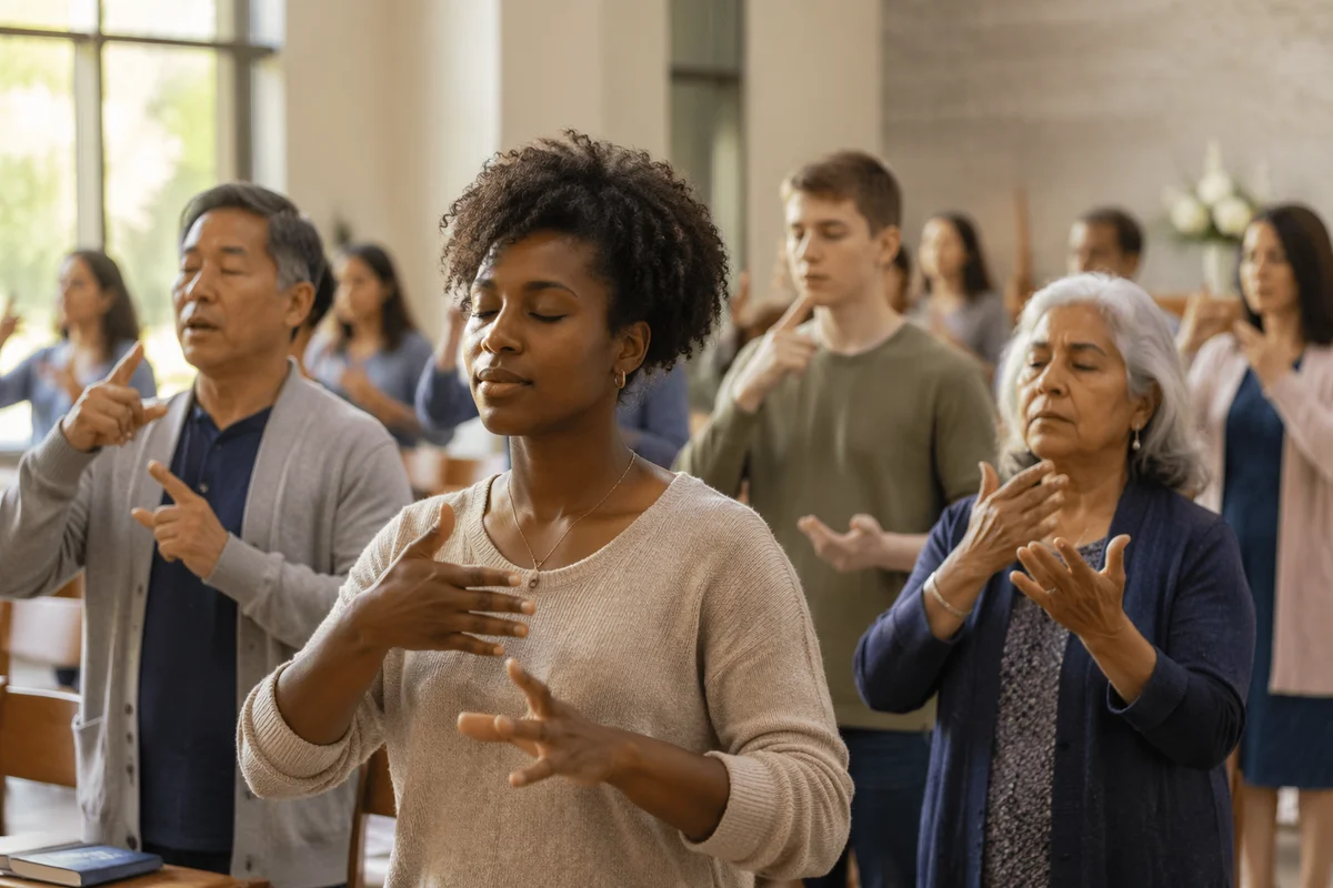 Diverse Group Signing in Bright Sanctuary