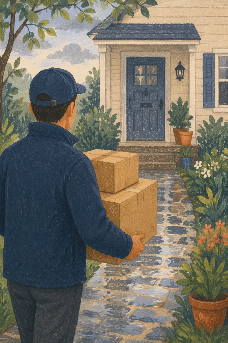 Delivery Driver Approaching Rainy Suburban Doorstep