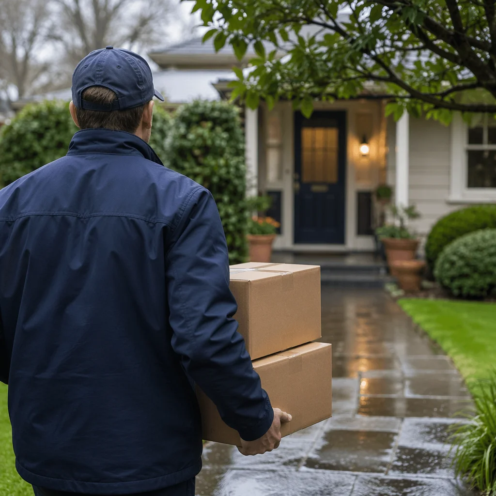 Delivery Driver Approaching Rainy Front Door