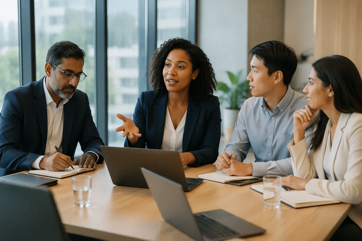 Diverse Team Meeting in Modern Conference Room