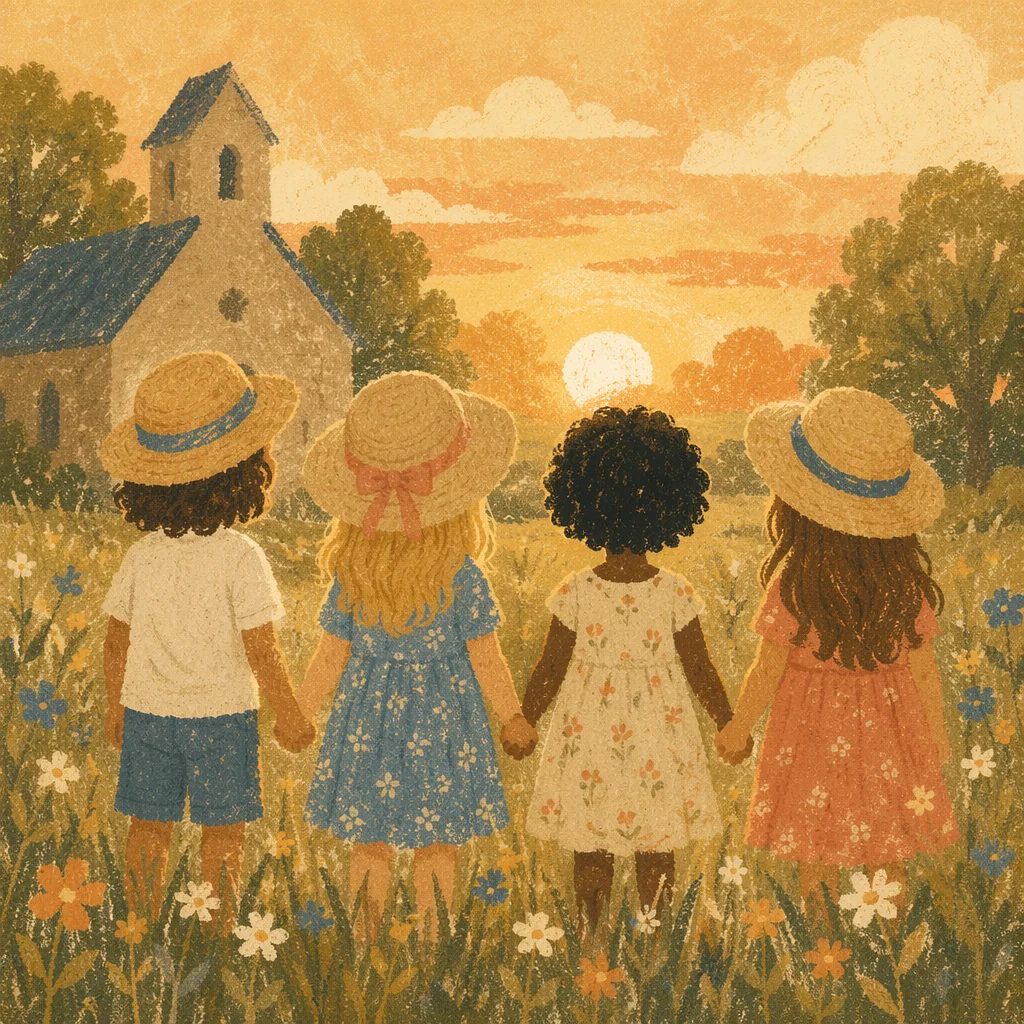 Diverse Children Holding Hands at Sunset