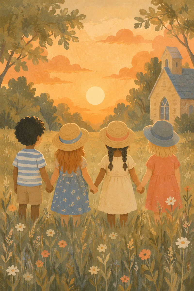 Diverse Children Holding Hands at Sunset