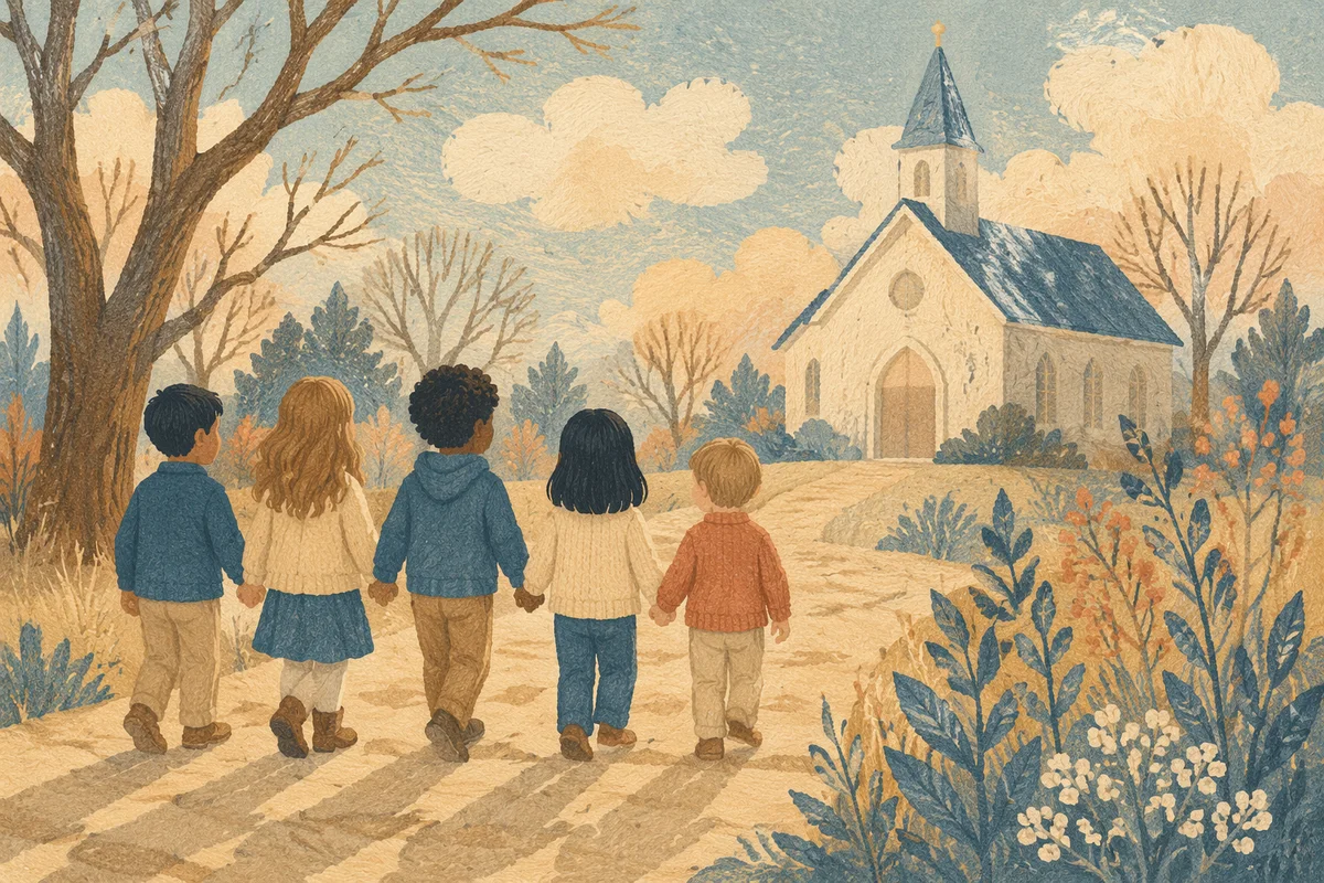 Diverse Children Walking in Church Yard