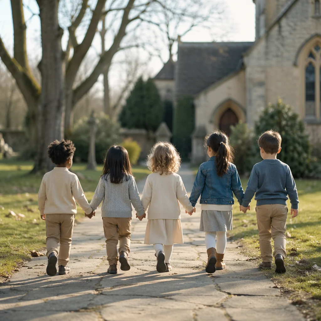 Diverse Children Walking Together in Church Yard