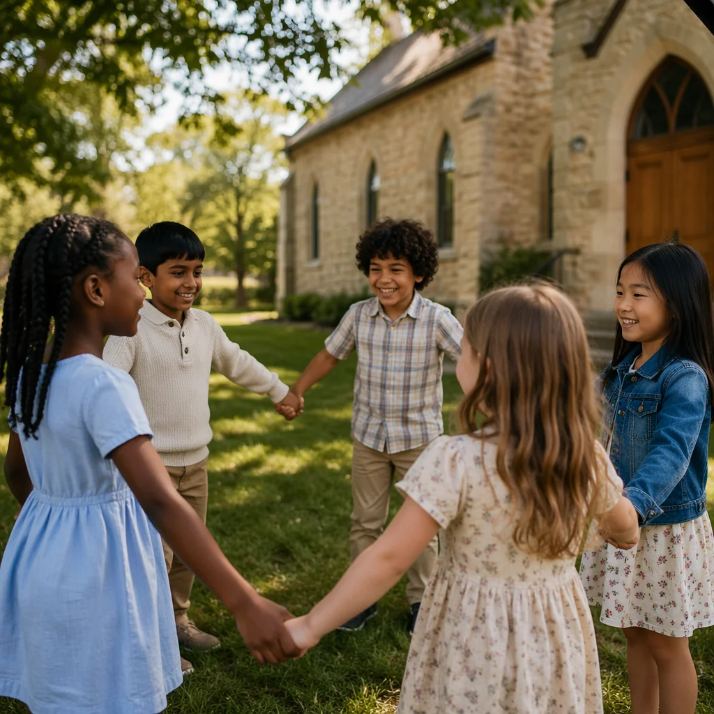 Diverse Children Holding Hands in Church Yard