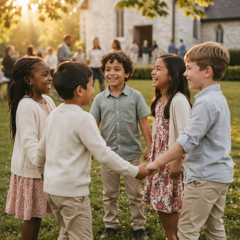Diverse Children Laughing in Church Yard