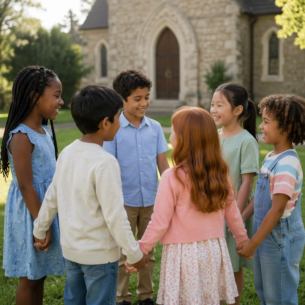Diverse Children Holding Hands in Church Yard