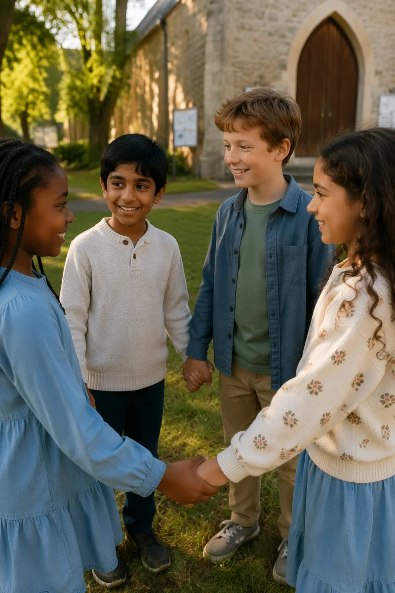Diverse Children Holding Hands in Church Yard