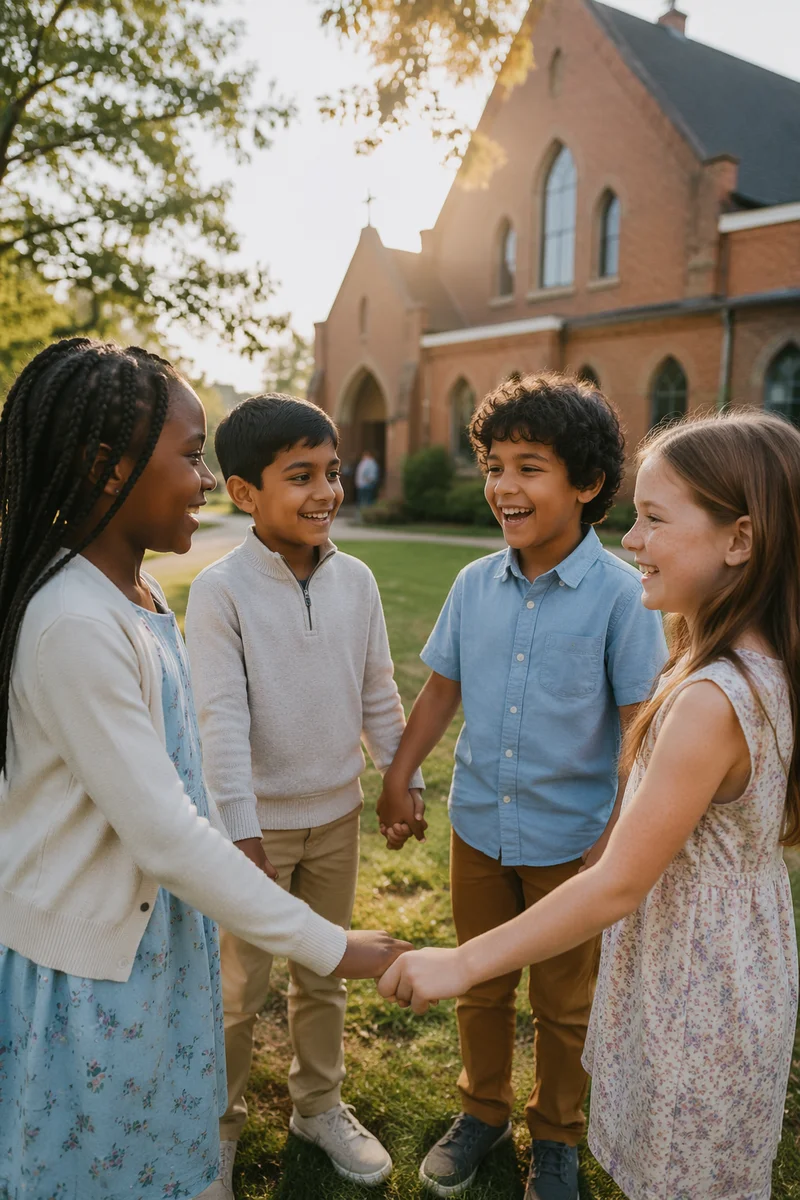 Diverse Children Holding Hands in Church Yard