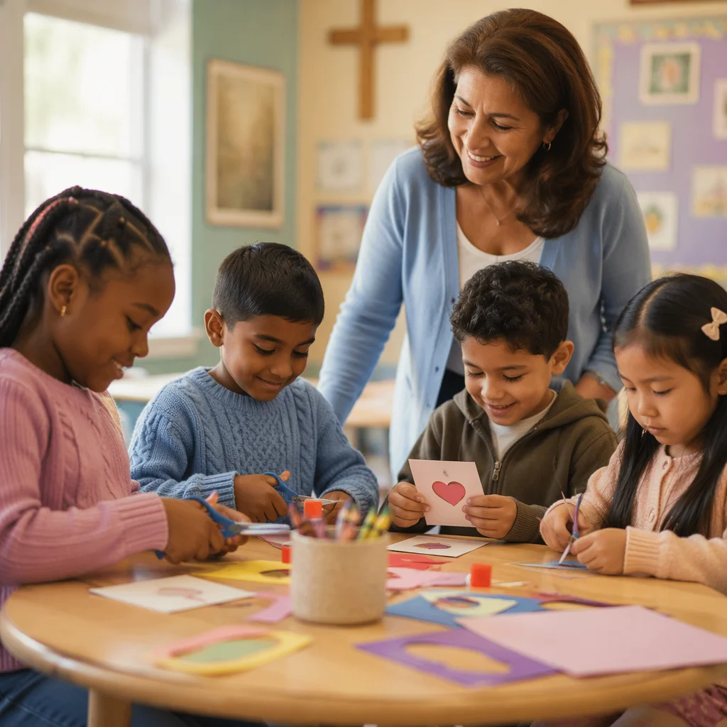Diverse Children Doing Classroom Craft Activity