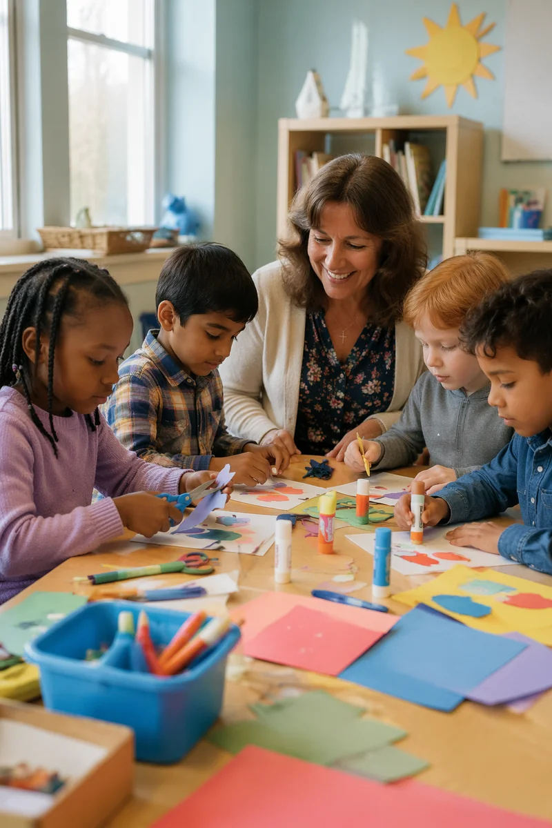 Diverse Children Doing Classroom Craft Activity