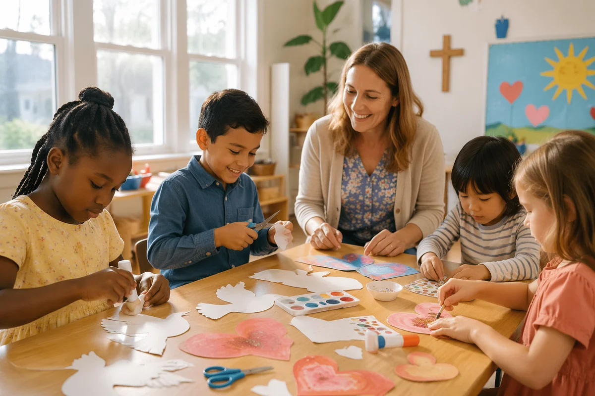 Children Making Crafts in Sunny Classroom