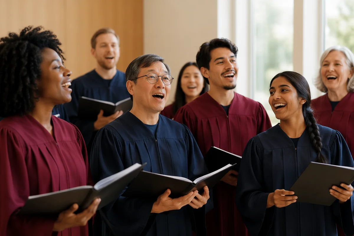 Diverse Choir Singing in Rehearsal Hall