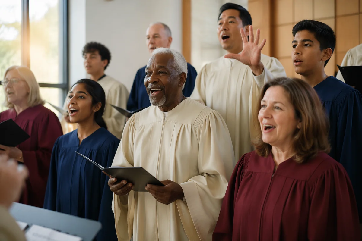 Diverse Choir Singing in Bright Rehearsal Hall
