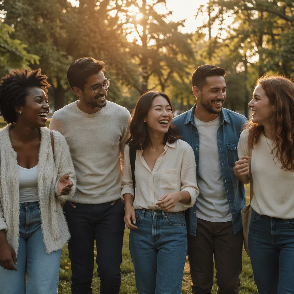 Diverse Friends Laughing in Golden Hour Park