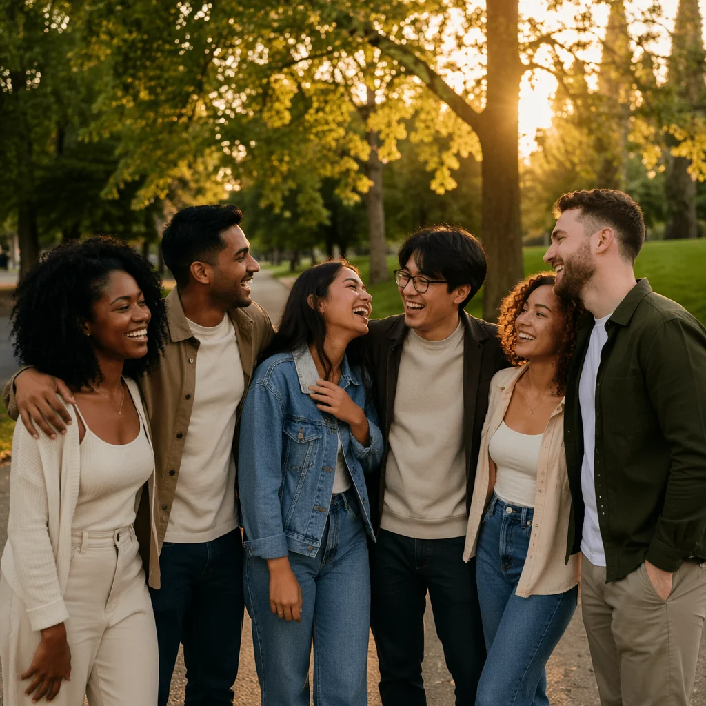 Diverse Friends Laughing in Golden Hour Park
