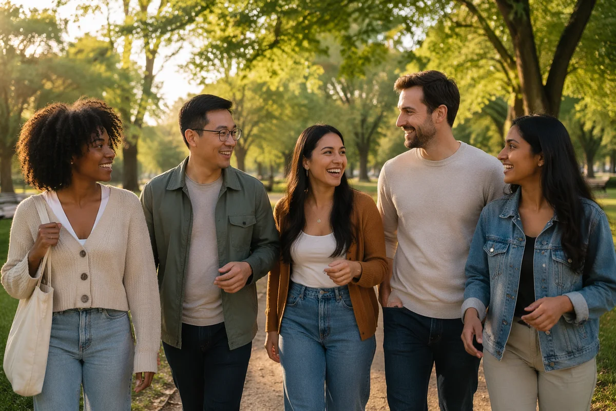 Diverse Friends Walking in Sunny Park