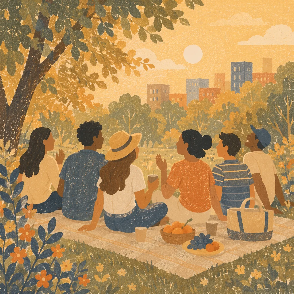 Friends Laughing Together in Golden Hour Park