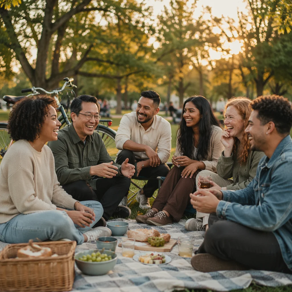 Diverse Friends Laughing at Golden Hour Picnic