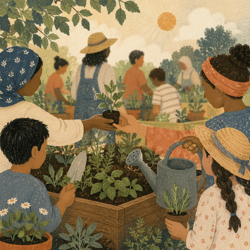 Multicultural Community Gardening Together at Sunrise