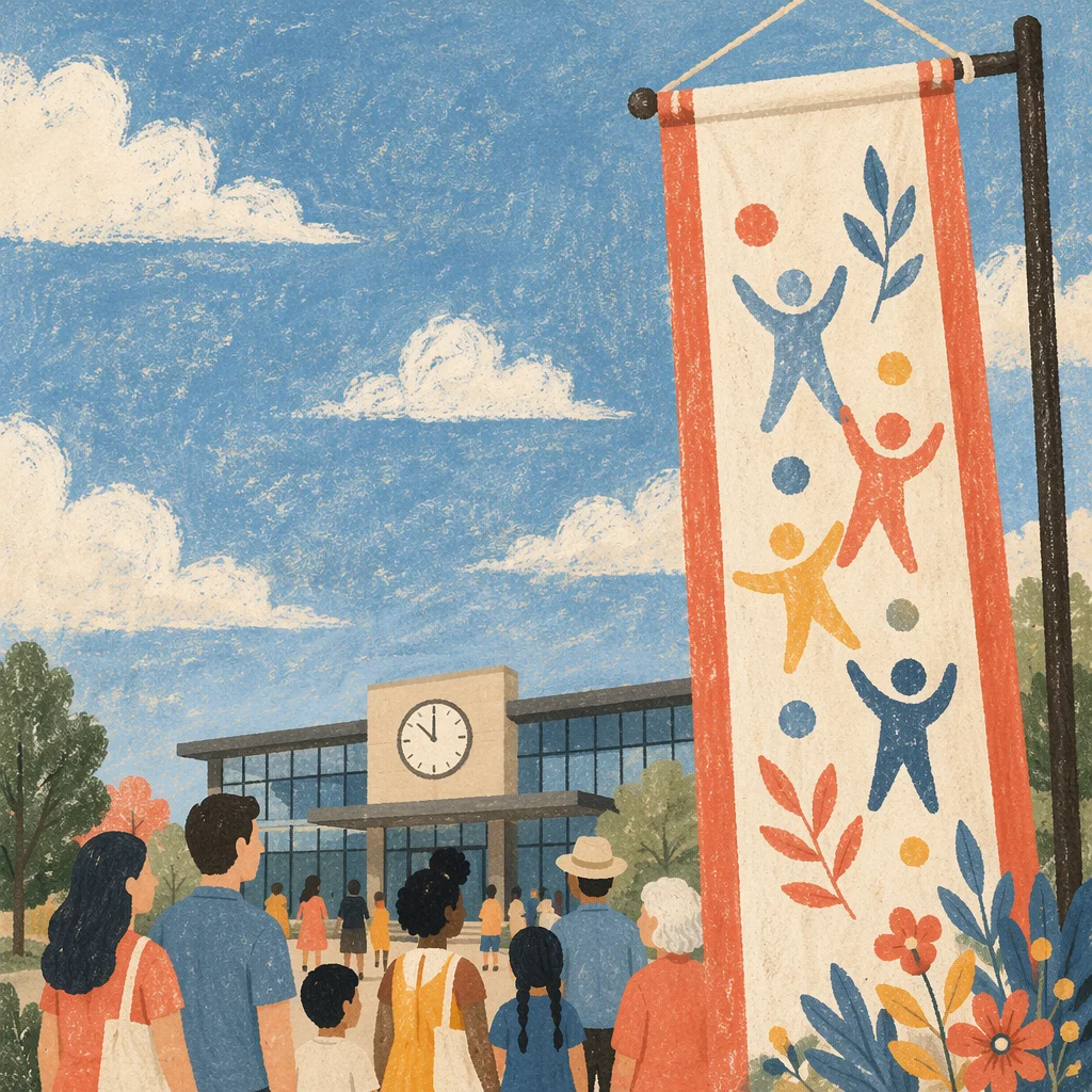 Multicultural Togetherness Outside Civic Building Banner