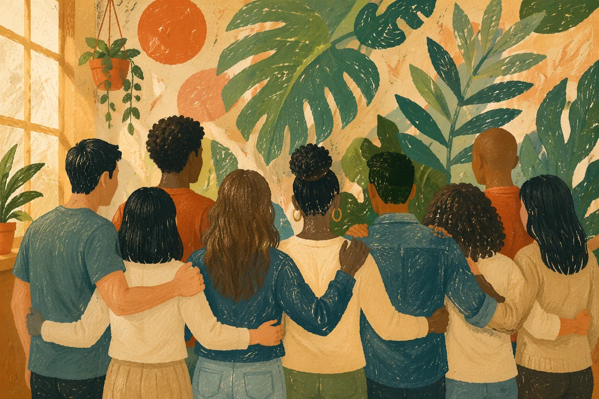 Multicultural Fellowship Before Green Botanical Mural