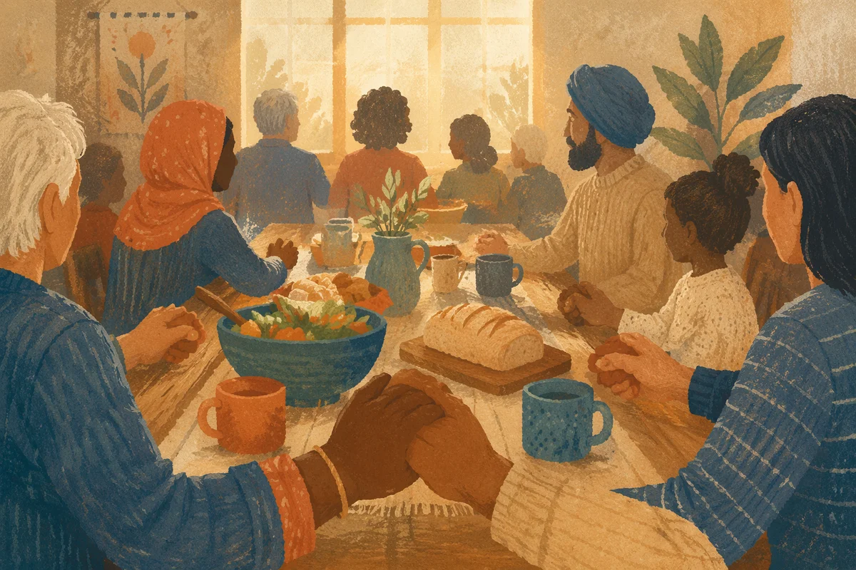 Multicultural Fellowship Prayer Around Shared Table