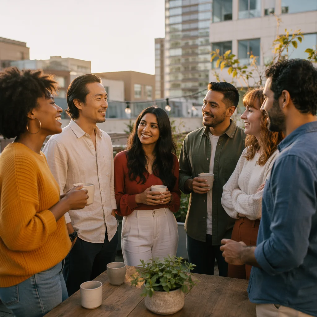Diverse Friends Together on Sunny Rooftop