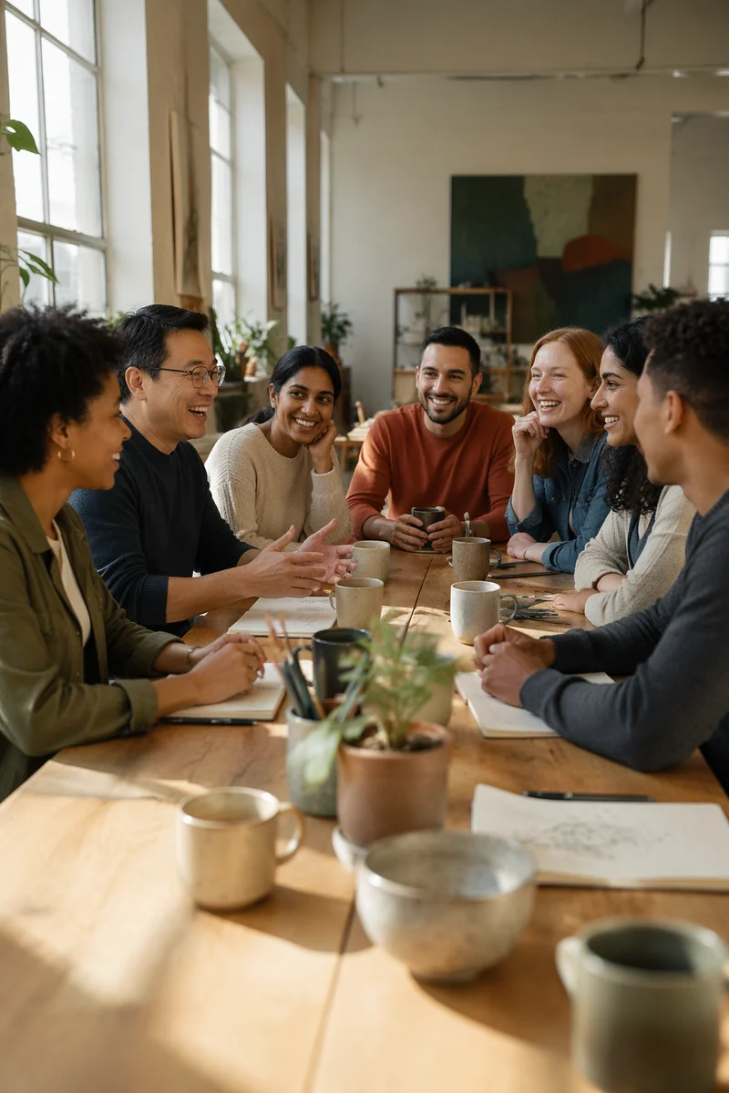 Diverse Friends Gathering Around Wooden Table