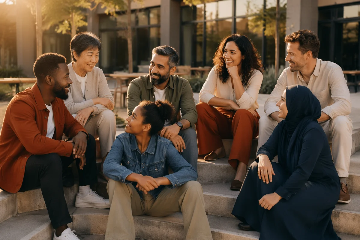 Diverse Adults Gathering Outside Community Center