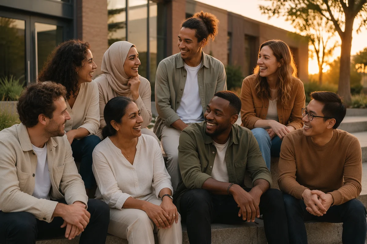Diverse Adults Gathering at Urban Courtyard