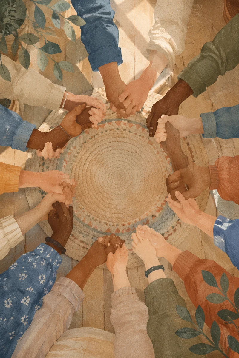 Diverse Hands Joined in Prayer Circle