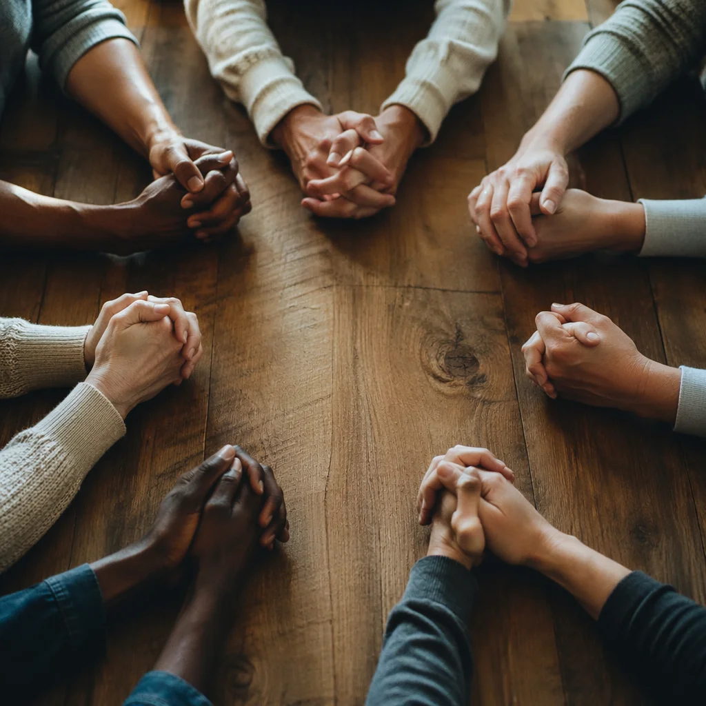 Diverse Prayer Circle Around Wooden Table