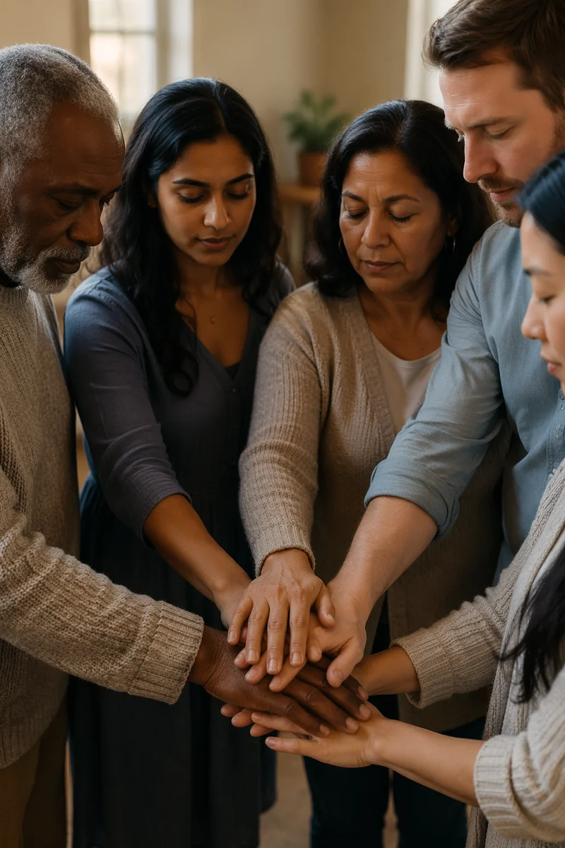 Diverse Adults Joined in Prayer Circle
