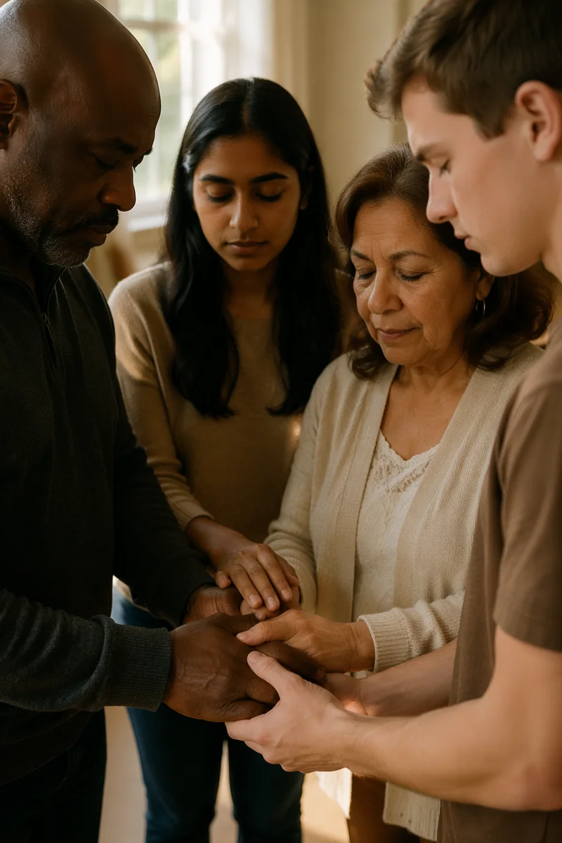 Diverse Prayer Circle With Joined Hands