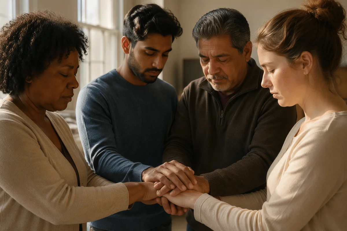 Diverse People Holding Hands in Prayer Circle