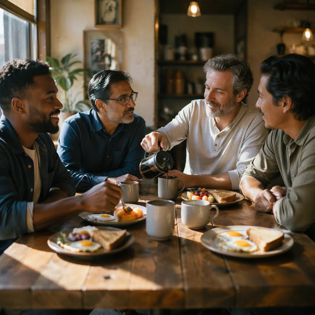 Four Men Sharing Breakfast in Cafe