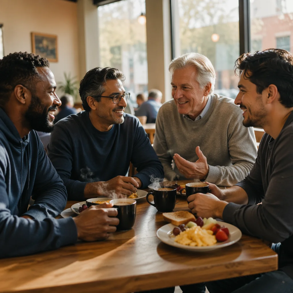 Four Men Sharing Breakfast in Café
