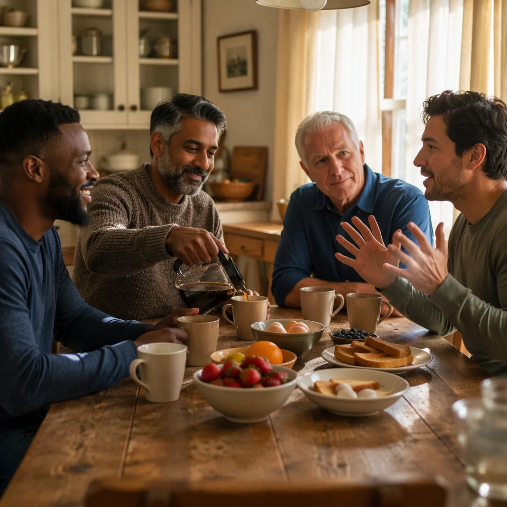 Four Men Sharing Breakfast Conversation